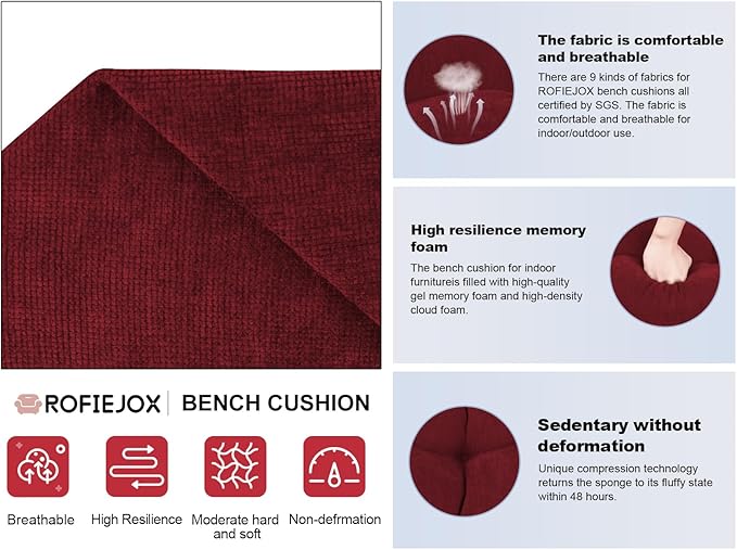 Bench Cushion 42 Inch - Chenille Fabric, High-Density Foam, Non-Slip Bottom, Soft Durable Indoor Tufted Long Seat Cushion for Window Garden Furniture (Red, 42x16x4 Inch)