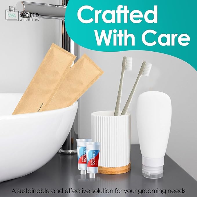 World Amenities Kraft Paper Dental Kit - Wheat Straw Toothbrush and Toothpaste Dental Care Kit (100)