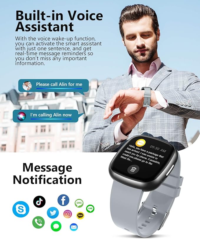 Smart Watches for Men Women with Bluetooth Call 1.72" HD Touch Screen Fitness Watch with Heart Rate/Sleep Monitor,100+ Sports Modes Fitness Tracker Smartwatch with IP68 Waterproof for Android iOS,Grey