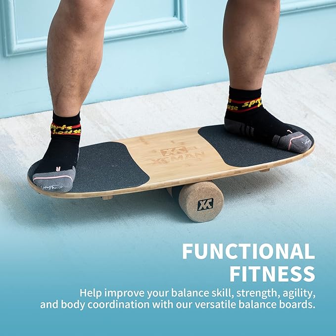 XCMAN Balance Board Surf Trainer with Adjustable Stoppers - 3 Different Distance Options Bamboo Balance Board for Surfing, Snowboarding, Skiing, Skateboarding, Yoga Training