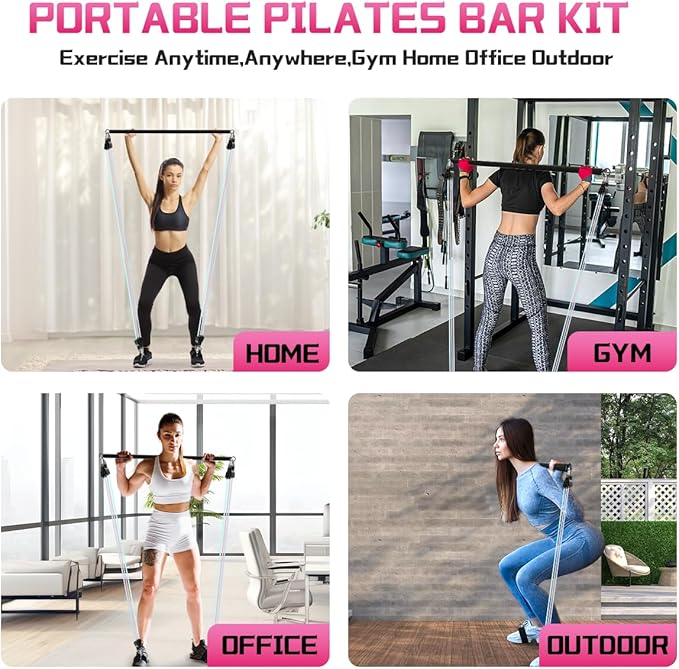 VEICK Pilates Bar Kit with Resistance Bands, Elastic Workout Bands for Men and Women, Set of 5 Resistance Loop Bands for Home Fitness, Stretching, Strength Training, Physical Therap