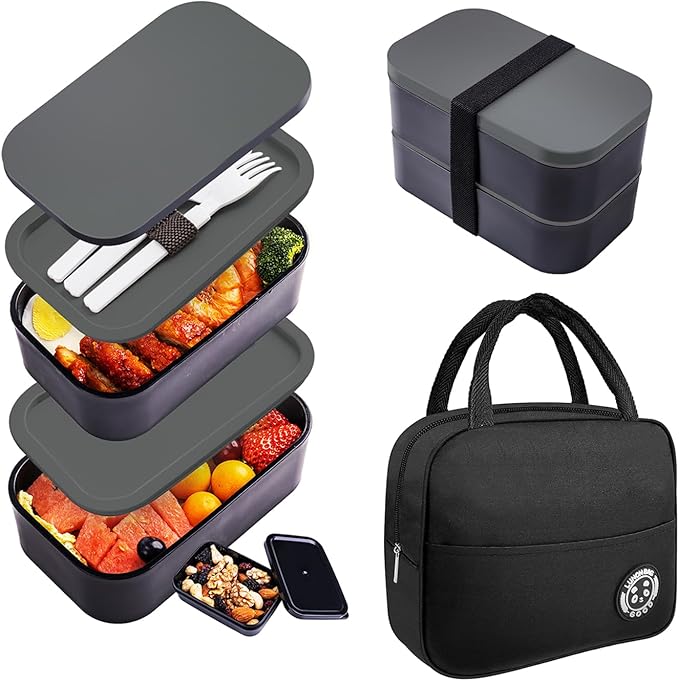 Bento Box Adult Lunch Box with lunch bag,Japanese Lunch Box Containers for Adult,Bento lunch Box with Leakproof 54OZ Black (black lid