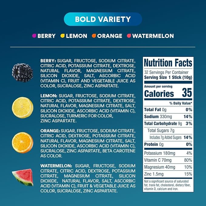 DripDrop Hydration Packets - Bold Variety Pack - Single Serve Electrolytes Powder Drink Mix - Watermelon, Berry, Lemon, Orange - Non-GMO, Gluten Free, Vegan - 32 Sticks