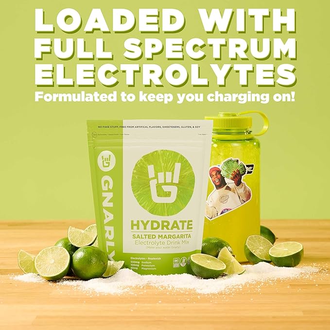 Gnarly Nutrition Hydrate Electrolyte Powder – Salted Margarita Exercise Hydration Drink Mix – NSF Contents Certified – Electrolyte Solution, Performance & Recovery – Salted Margarita, Box of 20 Stick