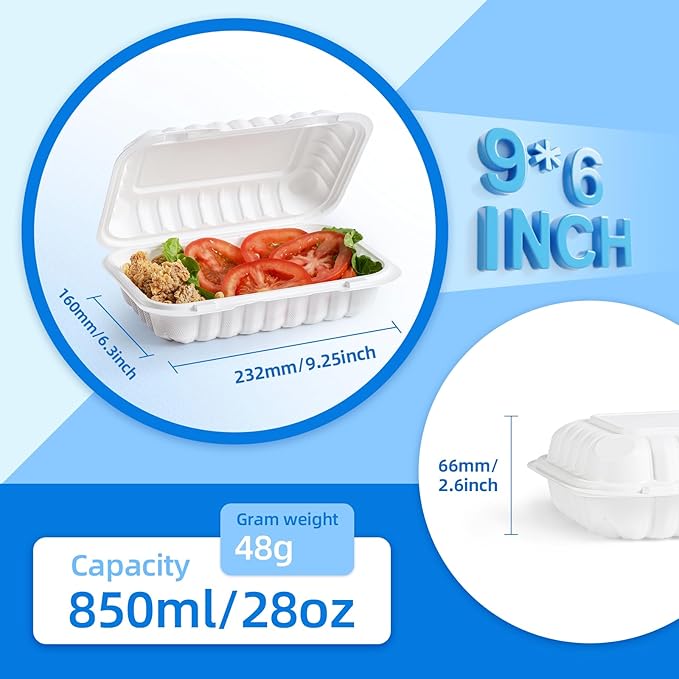 YANGRUI Food Containers 9x6 Inch 28 oz 50 Pack - Shrink Wrap Mineral-Filled BPA Free PP Plastic | Reusable Heavy Duty Freezer & Microwave Safe | Restaurant Grade White Clamshell Takeout Container