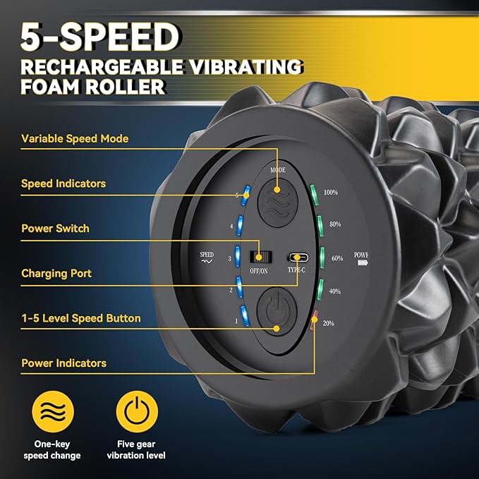 Vibrating Foam Roller, High Density Massage Muscle Roller Back Roller Foam for Back Pain Relief & Muscle Recovery and Physical Therapy, 5-Speed Rechargeable Exercise Roller, 2 Modes