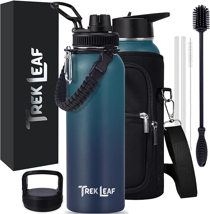 Travel Water Bottle with Carrying Bag, 3 Lids (Spout, Straw, Handle), and Bottle Brush; Leak Proof, Quality, Vacuum Insulated, Stainless Steel (Deep Water, 40 oz)