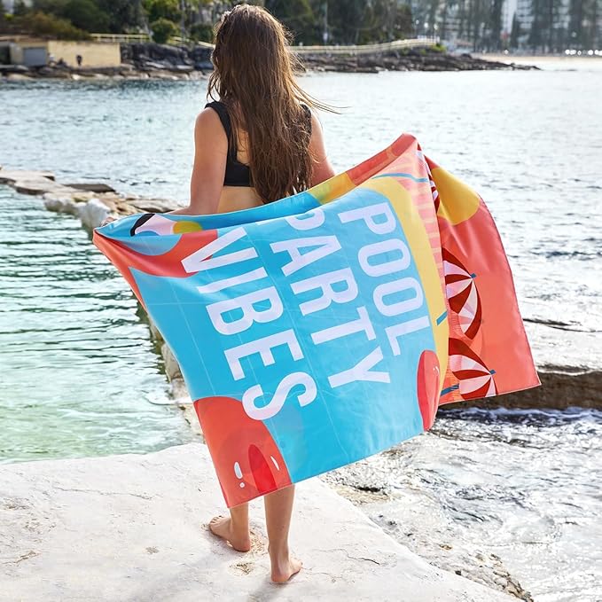 Dock & Bay Beach Towel - Quick Dry, Sand Free - Compact, Lightweight - 100% Recycled - Includes Bag - Pool Party Vibes - Extra Large (200x90cm, 78x35)