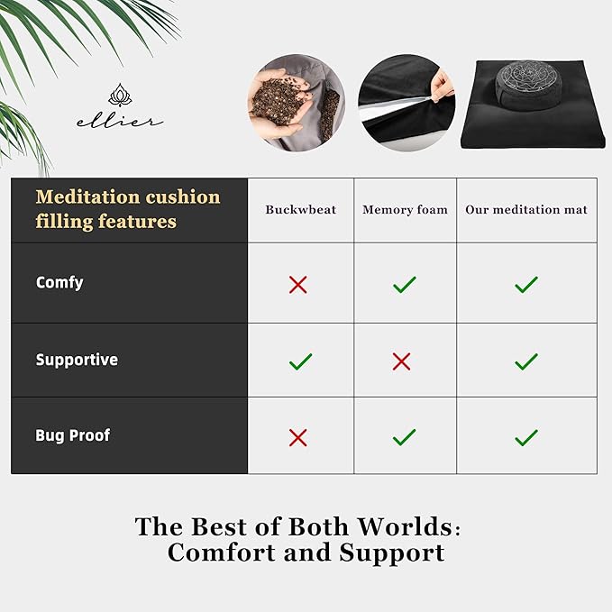 Zafu & Zabuton Meditation Cushion Set - Buckwheat Hull & Memory Foam Pillows, Ergonomic Support for Yoga, Mindfulness - Organic Velvet Cover, Large Size, Durable Comfort (Black)