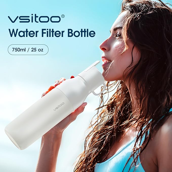 VSITOO 25oz Insulated Water Bottle With Filter for Travel ,316 Stainless Steel, BPA-Free,Reusable,Replaces 300 Plastic Water Bottles, Improves Taste, for Hiking, Cycling, Gym & Outdoor Use, White