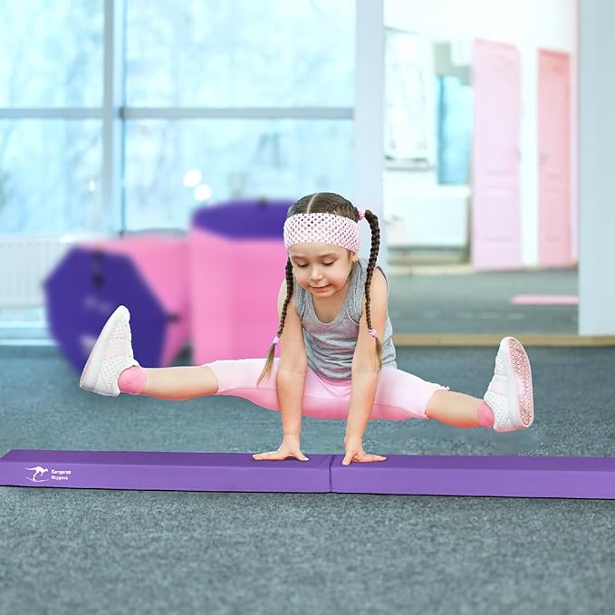 Kangaroo Hoppers 8FT Kids Balance Gymnastics Beam for Kids, Folding Extra Firm Foam Floor Beam for Beginners, Home Training Equipment with Anti-Slip Base, Carrying Bag