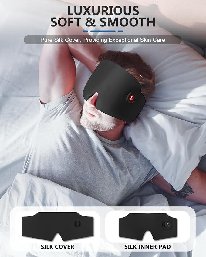 Silk Heated Eye Mask, 2000mAh Large Size Cordless Sleep Mask Warm Eye Compresses Electric Eye Heating Pad for Stye Blepharitis Dry Eyes Sinus Migraine Gifts for Men Woman (Black)