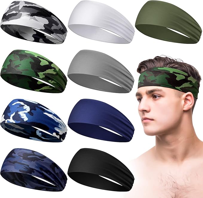 9 pcs Sweatbands for Men Workout Sport Headbands for Men Camo Headband Sweat Absorbing Headband Wide Sweatband for Head Basketball Football Cycling Running Yoga, 4.7 x 9.8 Inch