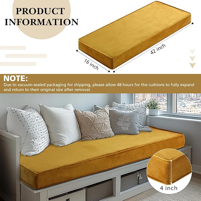 Wenqik Bench Cushions 42x16x4 Inch Window Seat Cushions for Indoor Furniture Velvet Kitchen Dining Bay Seat Tufted Porch Swing Thicken Bench Pad Memory Foam(Yellow)