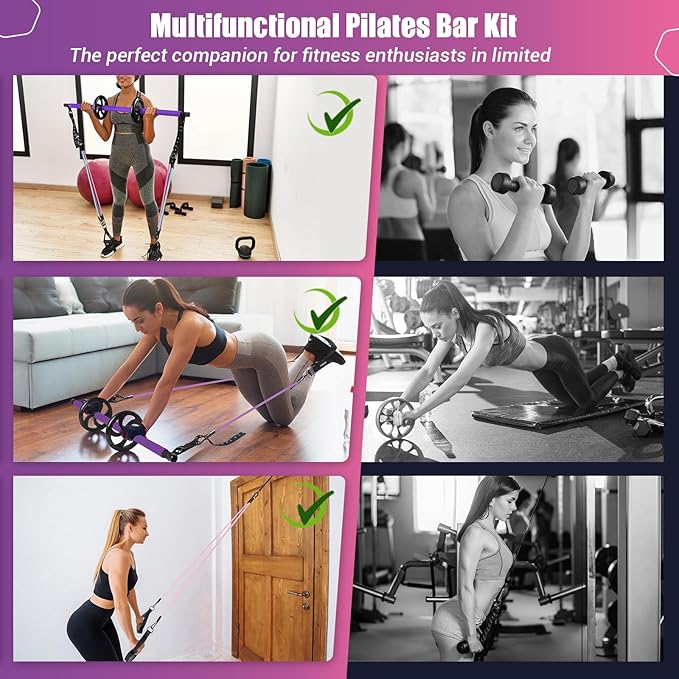 Pilates Bar Kit with Resistance Bands, Multifunctinal Exercise Bar with Ab Roller for Pilates/Abs/Weight Loss, Portable Home Gym Pilates bar kit for Full Body Training Women