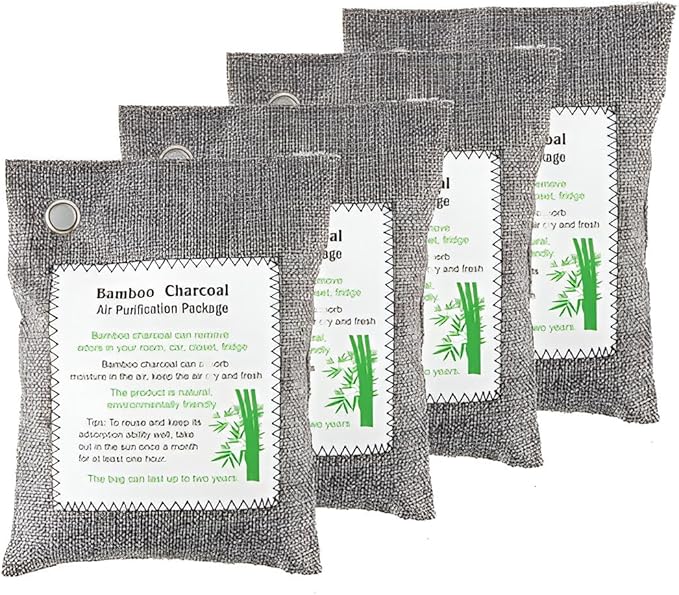 Bamboo Charcoal Air Purifying Bags (4-Pack, 200g Each) – Natural Odor Eliminator & Moisture Absorber for Home, Car, Closets, Bathrooms – Eco-Friendly, Reusable Deodorizer