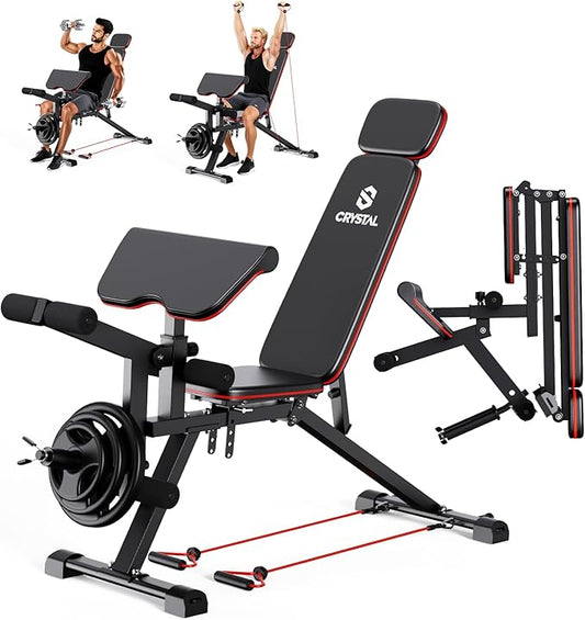 CRYSTAL FIT Adjustable Weight Bench, Professional Workout Bench with Leg Extension and Leg Curl, Heavy Duty Benches with Resistance Bands, Full Body Strength Training for Home Gym