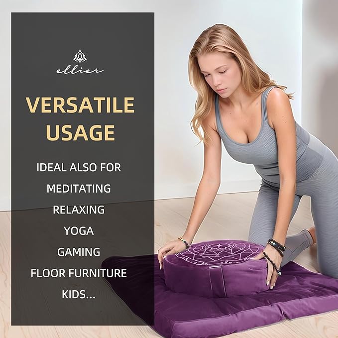 Zafu & Zabuton Meditation Cushion Set - Buckwheat Hull & Memory Foam Pillows, Ergonomic Support for Yoga, Mindfulness - Organic Velvet Cover, Large Size, Durable Comfort (Purple)