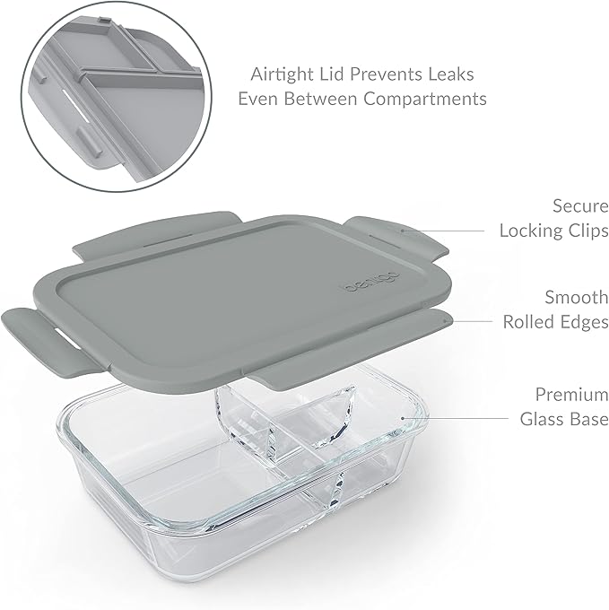 Bentgo Glass Lunch Box - Leak-Proof Bento-Style Food Container with Airtight Lid and Divided 3-Compartment Design - 5 Cup Capacity for Meal Prepping, and Portion-Controlled Meals for Adults (Gray)