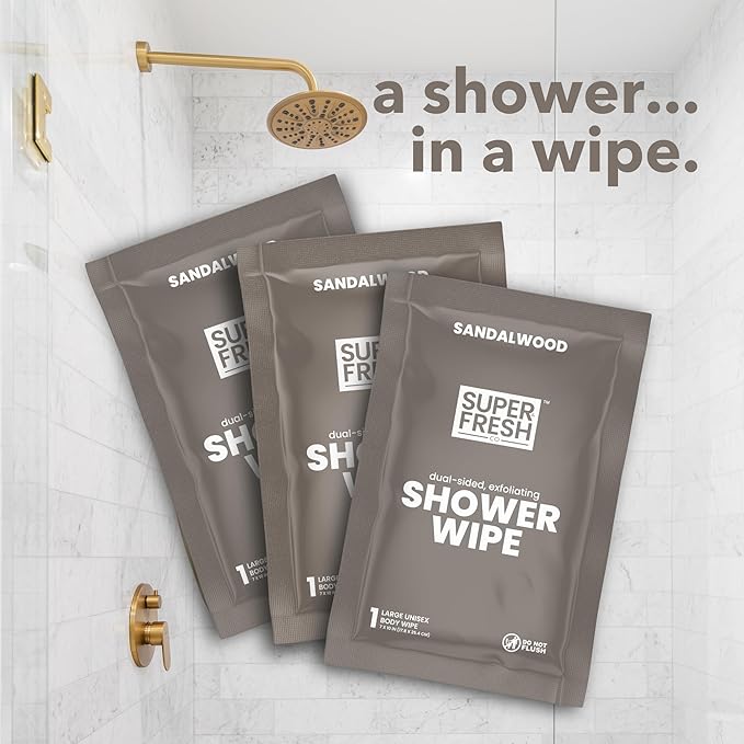 Super Fresh Shower Wipes Large Sandalwood Body Wipes for No Rinse Bathing Personal Hygiene Gym Travel or Camping Enriched with Aloe and Vitamin E 10 Individually Wrapped Disposable Sheets