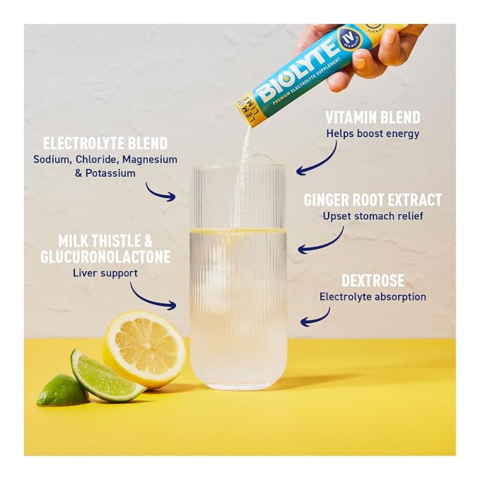 BIOLYTE IV Electrolyte Powder Packets, IV Liquid Drink Mix for Water, Doctor-Developed Hydration, HSA & FSA Approved Dehydration Relief, Chemotherapy Must Haves for Women & Men- Lemon Lime (16 Sticks)