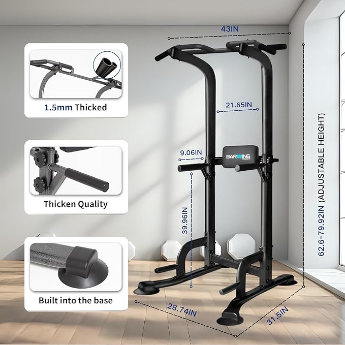 BARWING Pull Up Bar Station, Power Tower, Dip Station with 3D Backrest, Multi-Function Strength Training Stand Rack, Adjustable Height Dip Bar for Home Gym Workout Stand Fitness Exercise Equipment
