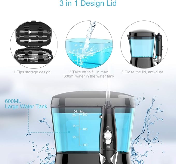 TUREWELL Water Flossing Oral Irrigator, 600ML Dental Teeth Cleaner 10 Adjustable Pressure, Electric Oral Flosser for Braces, 8 Replacement Jet Tips for Family (Black)