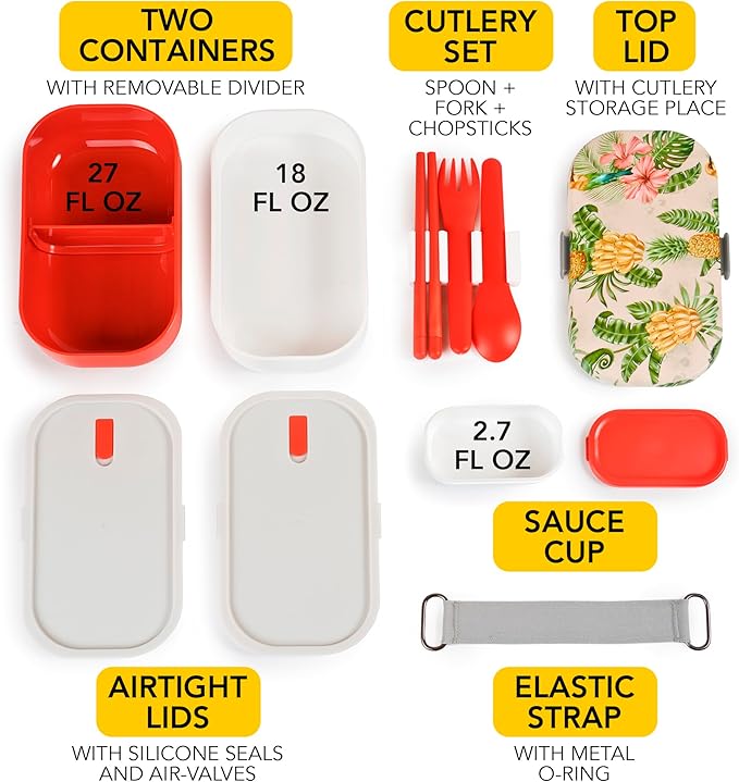 Insulated Stackable Bento Box for Adults with Reusable Chopsticks Japanese Lunch Box Microwavable & Leak Proof Lunch Containers for Men & Women Modern Cute Food Container with Compartments (Red White)