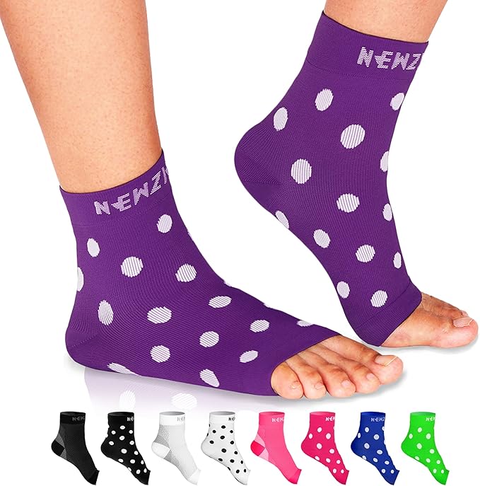 NEWZILL Plantar Fasciitis Socks with Arch Support, Best 24/7 Foot Care Compression Sleeve, Eases Swelling & Heel Spurs, Ankle Brace Support, Increases Circulation (L/XL, Purple w White Dots)