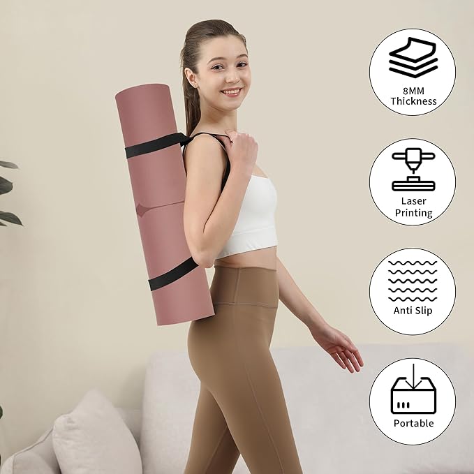 HAHE Yoga Mat Thick (8MM,1/3"), Eco-Friendly POE Non Slip Yoga Mat, High Rebound & Shock Absorption, Anti-Tear & Sweat-Resistant for Yoga, Fitness, Home, Workouts, Large Pilates Mats 72"x24" with Carrying Strap