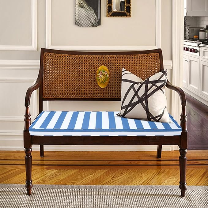 Outdoor Bench Cushion 48x18x3 Inch with Ties, Thick Waterproof Porch Swing Cushions for Patio Furniture Chair Pad, Seat Sofa Garden Replacement Cushion Sponge Filling (Blue&white Stripes, 48x18)