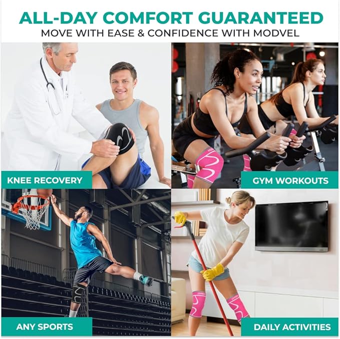 Modvel Compression Knee Brace for Women & Men - 2 Pack Knee Brace for Women Running Knee Pain, Knee Support Compression Sleeve, Workout Sports Knee Braces for Meniscus Tear ACL & Arthritis Pain Relief