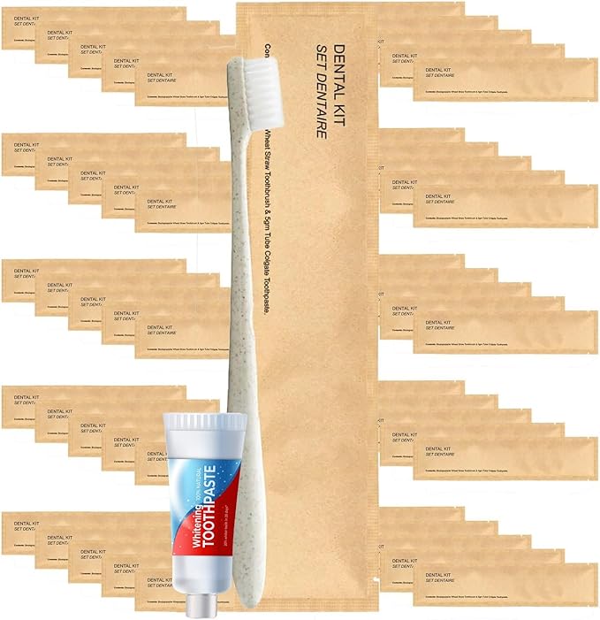World Amenities Kraft Paper Dental Kit - Wheat Straw Toothbrush and Toothpaste Dental Care Kit (100)