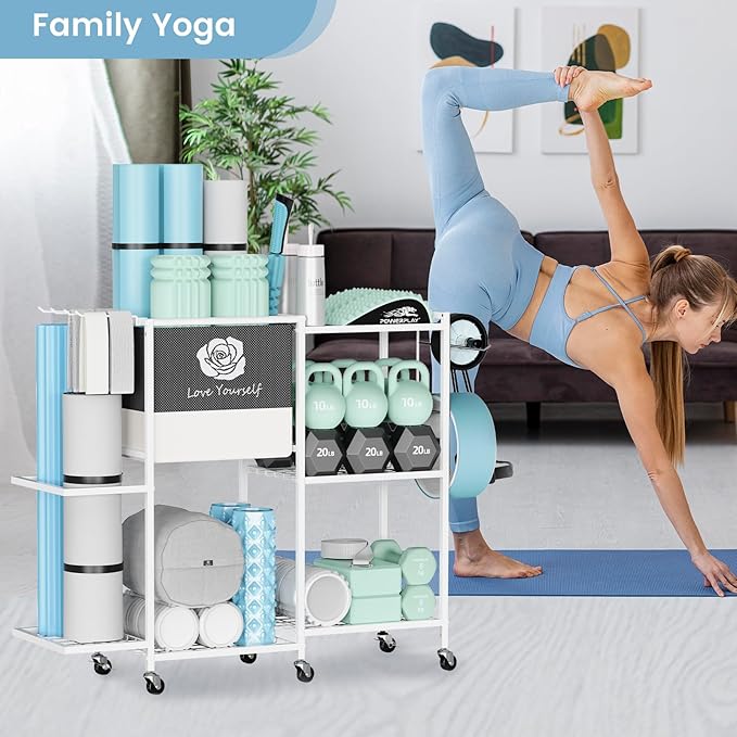 Yoga Mat Storage Rack,Home Gym Storage Rack Gym Workout Equipment Storage Organizer Fitness Weight Rack on Wheels for Yoga Mat,Yoga Block,Foam Roller,Resistance Band,Dumbbell,Kettlebell and Other Workout Accessories