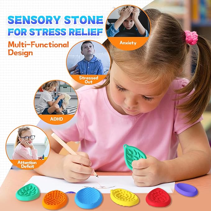 Fidget Toys Sensory Stone for Kids, 6-Piece Kids Stress Relief Toy Set - Silicone Textured Worry Stones, Ideal for Autism Calming and Anxiety Relief for Students, Birthday Return Gifts Treats