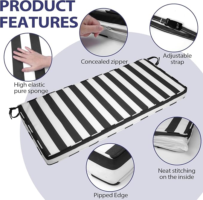 Outdoor Bench Cushion 48x16x3 Inch with Ties, Thick Waterproof Porch Swing Cushions for Patio Furniture Chair Pad, Seat Sofa Garden Replacement Cushion Sponge Filling (Black&white Stripes, 48x16)