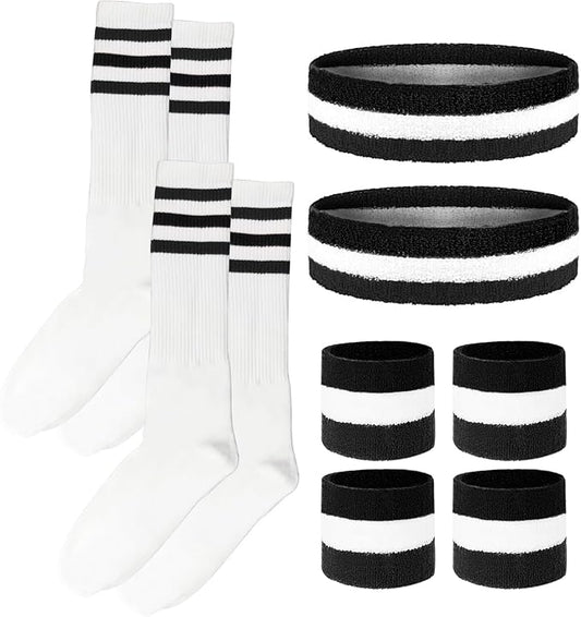 10 Pieces Striped Sweatbands and Striped Socks Set Headbands Wrist Sweat Bands for Men and Women Sports 80s 90s Fitness