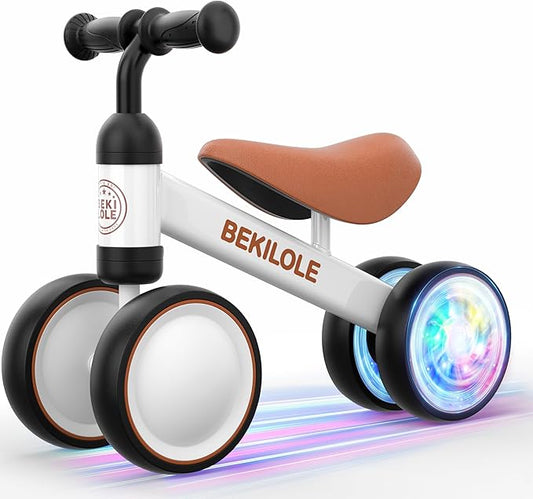 BEKILOLE Baby Balance Bike with Light Up Wheels | Toys for 1 Year Old Boy | 1st Birthday Gift for One Year Old Boy & Girl | 10-36 Month Toddler Bike - White & Brown