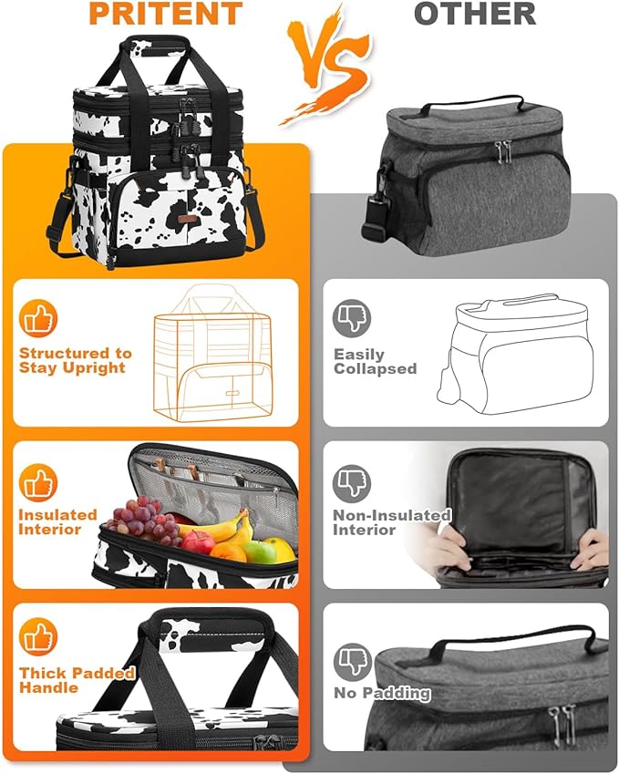 Lunch Box For Men Women Double Deck Insulated Lunch Bag For Men Woman Leakproof Expandable Cooler Bag with Adjustable Shoulder Strap for Work Picnic School(Cow Print,Medium)