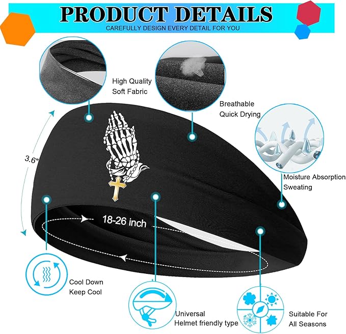 3pcs Sports Sweat Bands Headbands Men Head Sweat Band Headbands for Men Skull Sweatbands Mens Women