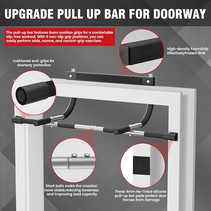 TOPOKO Upgrade Pull Up Bar for Doorway - Max Capacity 440 lbs, Portable Upper Body Workout Bar for Strength Training