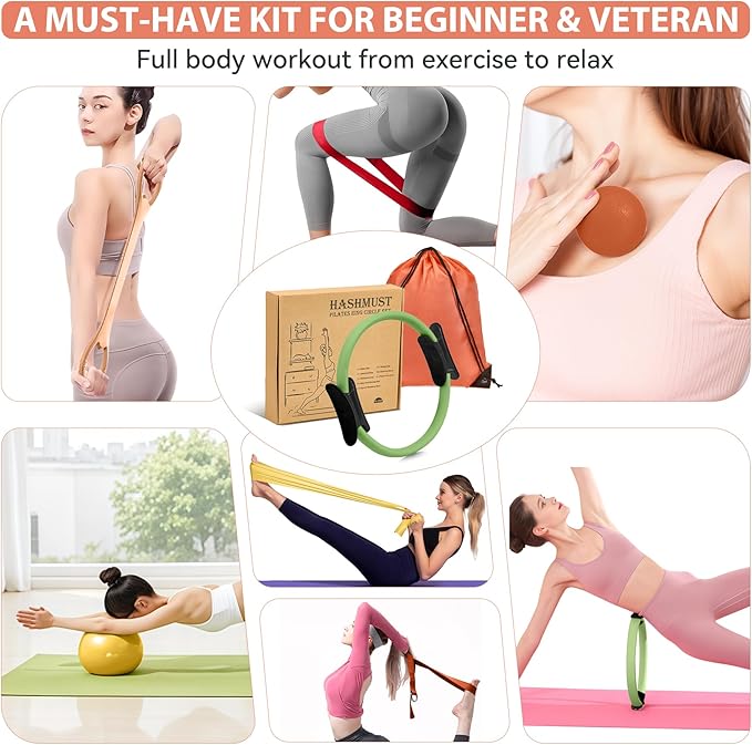 HASHMUST Pilates Ring Kit 12 PCS for Women, Home Workout Equipment with Magic Circle, Mini Exercise Ball, Resistance Bands, Massage Lacrosse, Yoga Strap, Full-Body Fitness Set for Toning & Gift