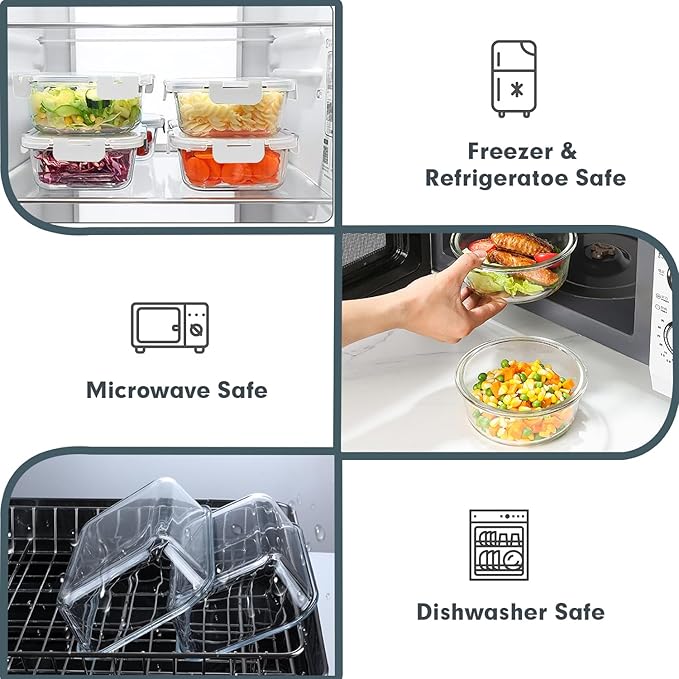 VERONES 30 Pieces Glass Meal Prep Containers Set, Stackable Glass Food Storage Containers with Lids-Airtight Lunch Containers,for Microwave, Oven, Freezer & Dishwasher,White