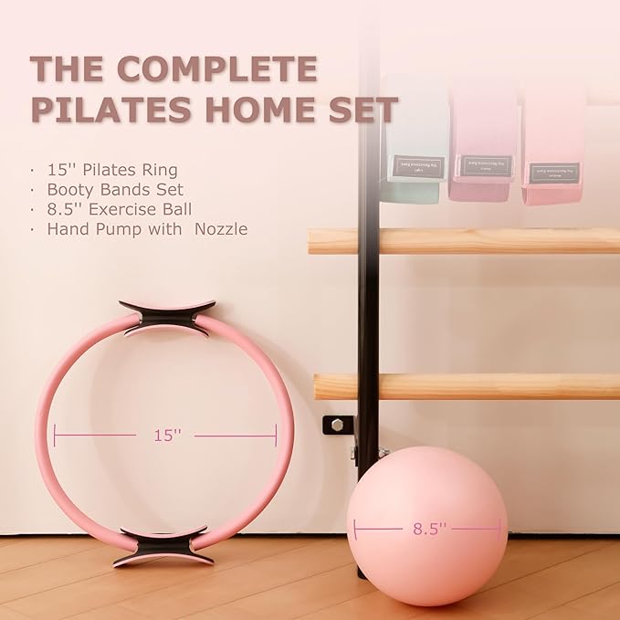 Pilates Ring Kit with Mini Ball & 3 Resistance Bands, at Home Pilates Equipment Set for Toning, Strength & Core Work, 15'' Magic Circle & 3-Level Bands