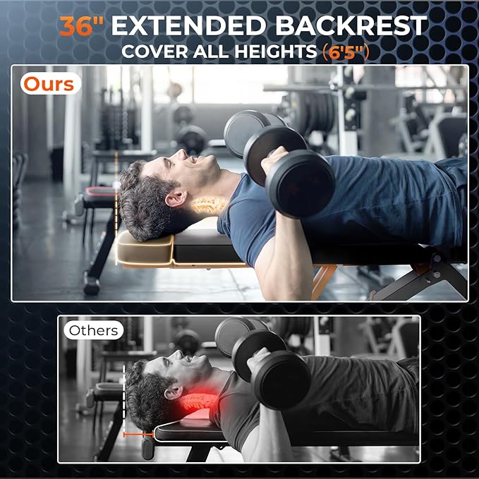 1000LBS Adjustable Weight Bench - Bonvork Foldable Workout Bench Press with 36" Extended Backrest for Home Gym Strength Training,Folding Flat Incline Bench with 80x40MM Steel for Full Body Exercise