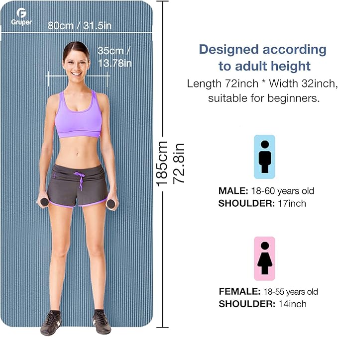 Yoga Mat Non Slip NBR Thick Yoga Mat, 72"L x 32"/24"W x 0.6"/0.4"TH (185cm x 80cm/61cm x 15mm/10mm), Anti-Tear Exercise Mat with Carrying Strap and Bag, Workout Mats for Yoga, Pilates, Floor Exercises