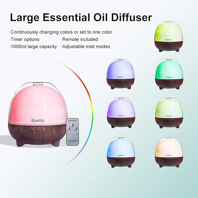 BlueHills Premium 1000 ML Large XL Essential Oil Diffuser with Remote Aroma Humidifier for Large Room Home Long Run Time Huge Coverage Area Lights High Mist Output Big Capacity Dark Wood Grain N6