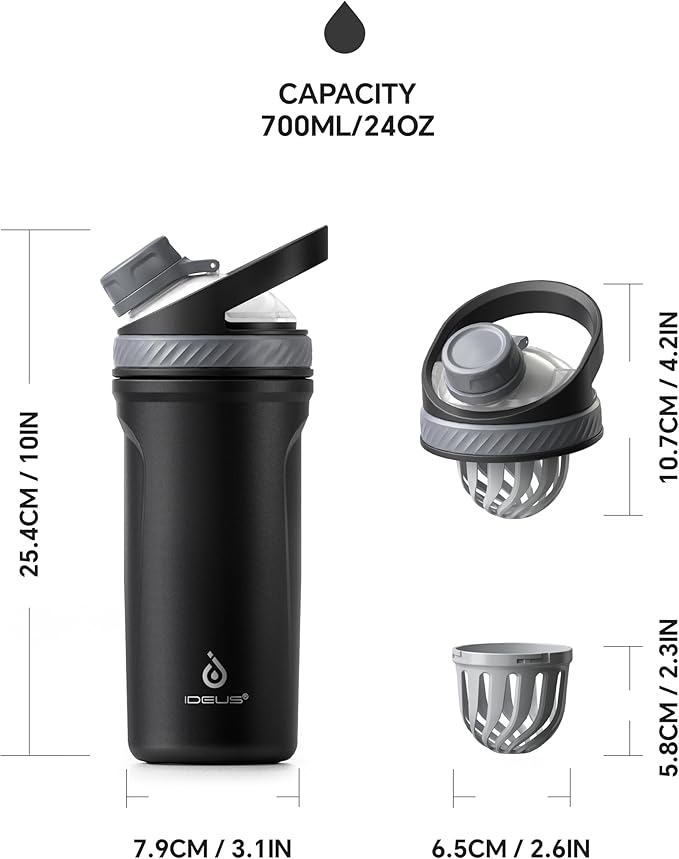Ideus Protein Shaker Bottle 24oz(710ml) Insulated Stainless Steel Shaker Bottle with Silent Tritan Ball Portable Pre Workout Shaker Cups for Protein Shakes, Smoothies, Cocktails, Black