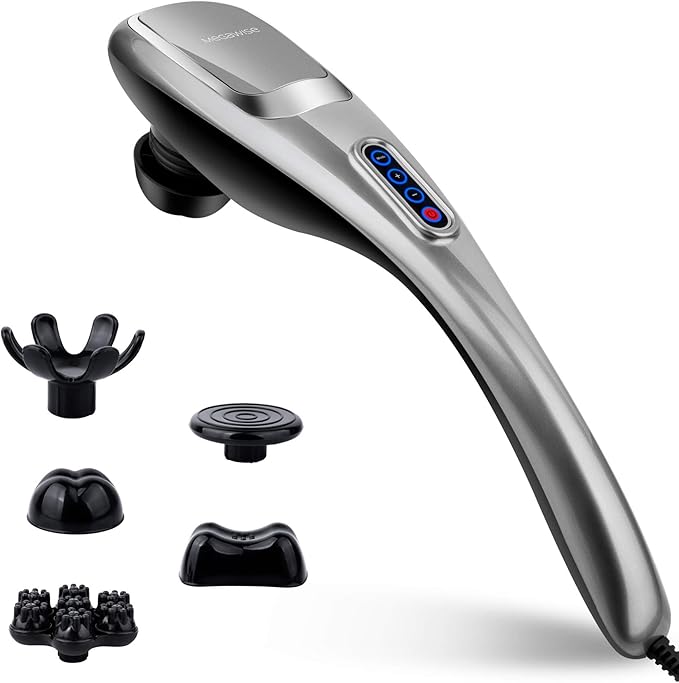 MEGAWISE Handheld Back Massager | Deep Tissue Percussion Massage for Back, Neck, Shoulders, Waist and Legs (Silver Grey) with 6ft Power Cord, Ergonomic Handle