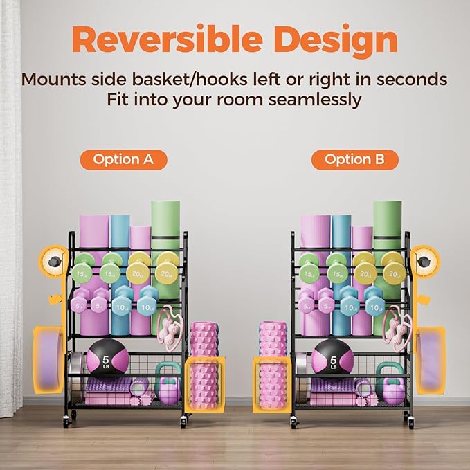 Weight Rack Storage for Home Gym, Adjustable Dumbbell Stand Organizer with Wheels and Hooks, Workout Equipment Organizer Holds Yoga mats, Kettlebells, and Fitness Accessories